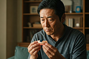 入れ歯を手に持っている男性