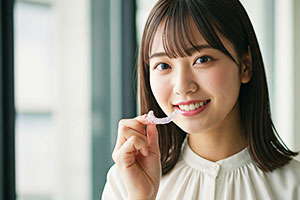 マウスピースを手に持つ女性